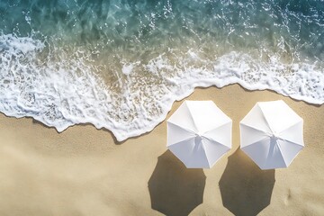 Aerial Sandy Beach With Turquoise Ocean Waves, White Umbrellas, Summer Scenery