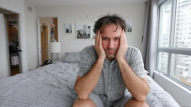 Frustrated Man in Bedroom: A man sits on a bed, his face etched with worry, reflecting on the interior setting, capturing an intimate and relatable scene