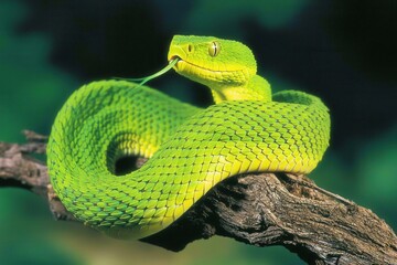 Fototapeta premium Malabar pit viper coiled around a tree branch in the Western Ghats of India, its venomous head poised