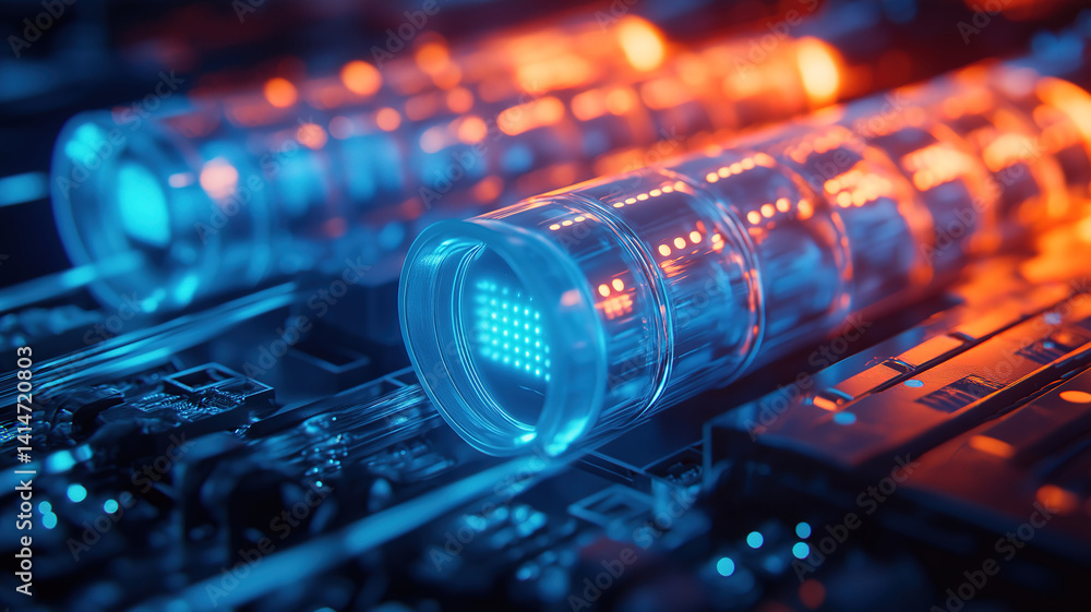 Aufkleber close-up of network cables glowing in blue and orange depicting dynamic data flow and communication