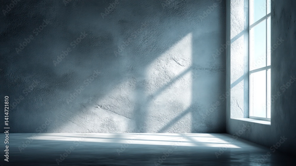 Poster light streaming through window in empty concrete room casting shadows
