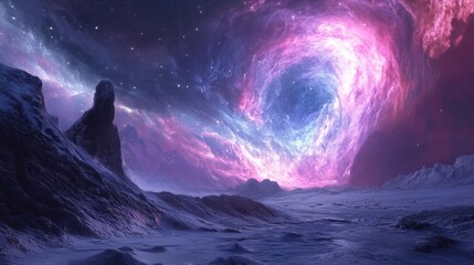 Fototapeta premium A stunning galaxy swirling in vibrant colors above a distant planet