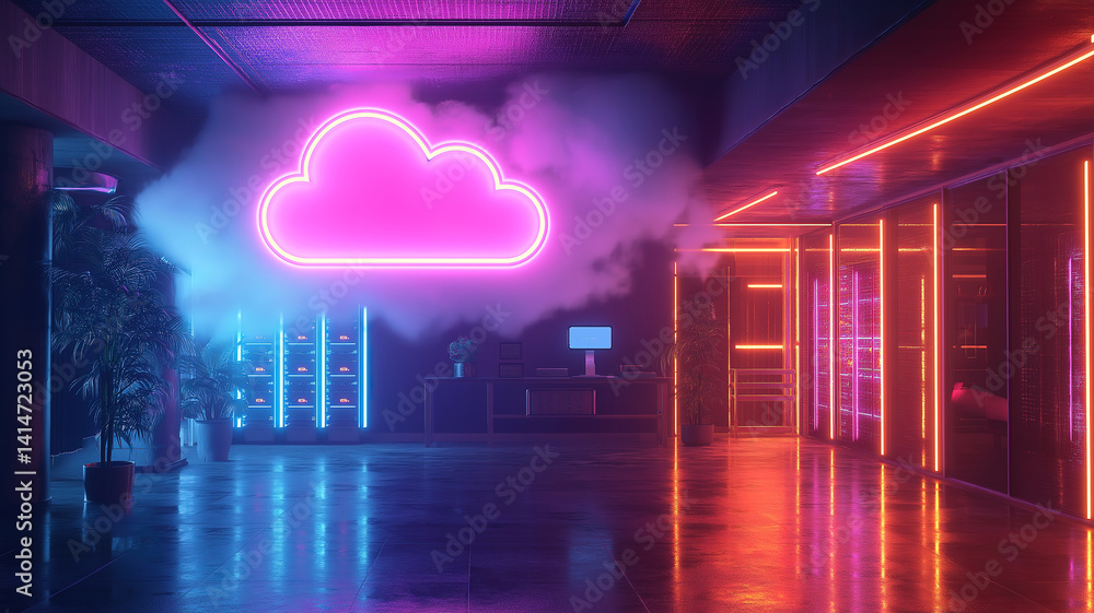 Poster an atmospheric server room with neon lights and a cloud icon representing modern data storage