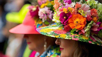 Stylish attendees showcase floral hats and vibrant outfits at the Chelsea Flower Show, creating a bright and cheerful atmosphere.