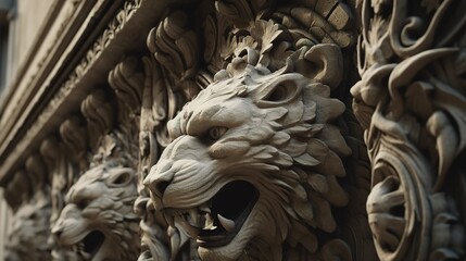 Stone lion head carvings guarding building facade. Ai generative