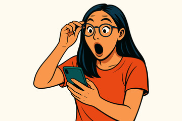 Amazed Woman Surprised by Smartphone Against Plain Background  