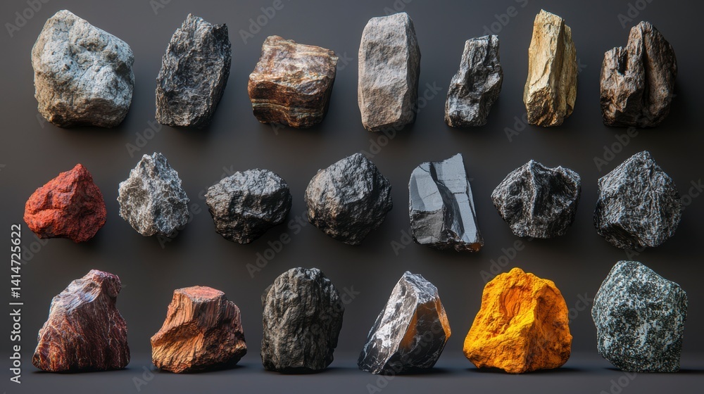 Aufkleber Collection of various rocks and stones with different textures and colors isolated on dark background.