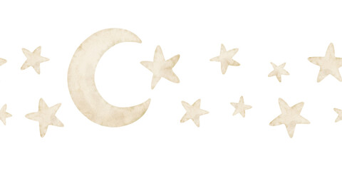 Watercolor star and moon Border for baby shower invitations. Illustration of seamless pattern for childish greeting cards or nursery decor in pastel colors. Sky frame for kids room. Dreamy ornament.