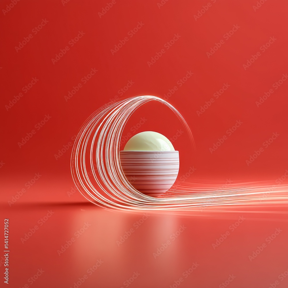 Poster abstract sphere surrounded by light trails on red background - conceptual art