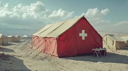 A Red Crescent medical tent stands in a desert refugee area, symbolizing hope and support amidst adversity in a calm composition.