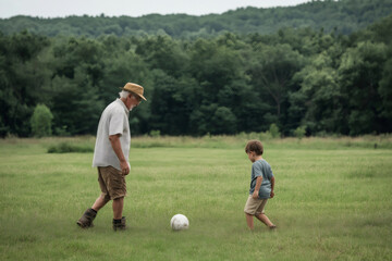 Obraz premium Grandfather and grandson enjoying a playful moment together, kicking a soccer ball in a grassy field, surrounded by a serene natural landscape