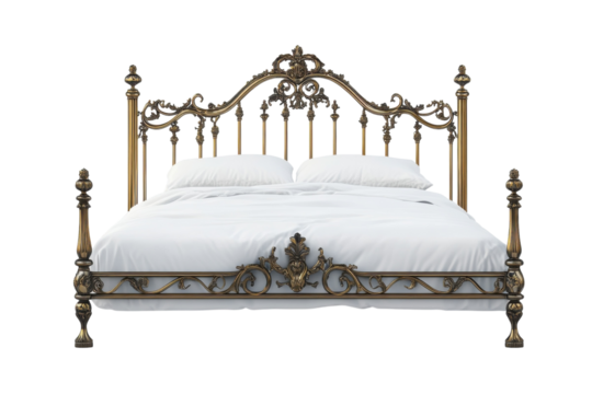 Exquisite antique brass bed frame ornate detailing luxurious white bedding elegant design perfect for master bedroom vintage charm on transparent background