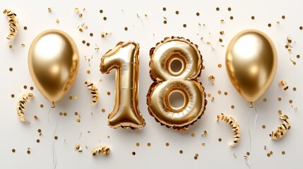 Golden Number 18 Balloons With Confetti, Festive Birthday Party Decorations On White Background