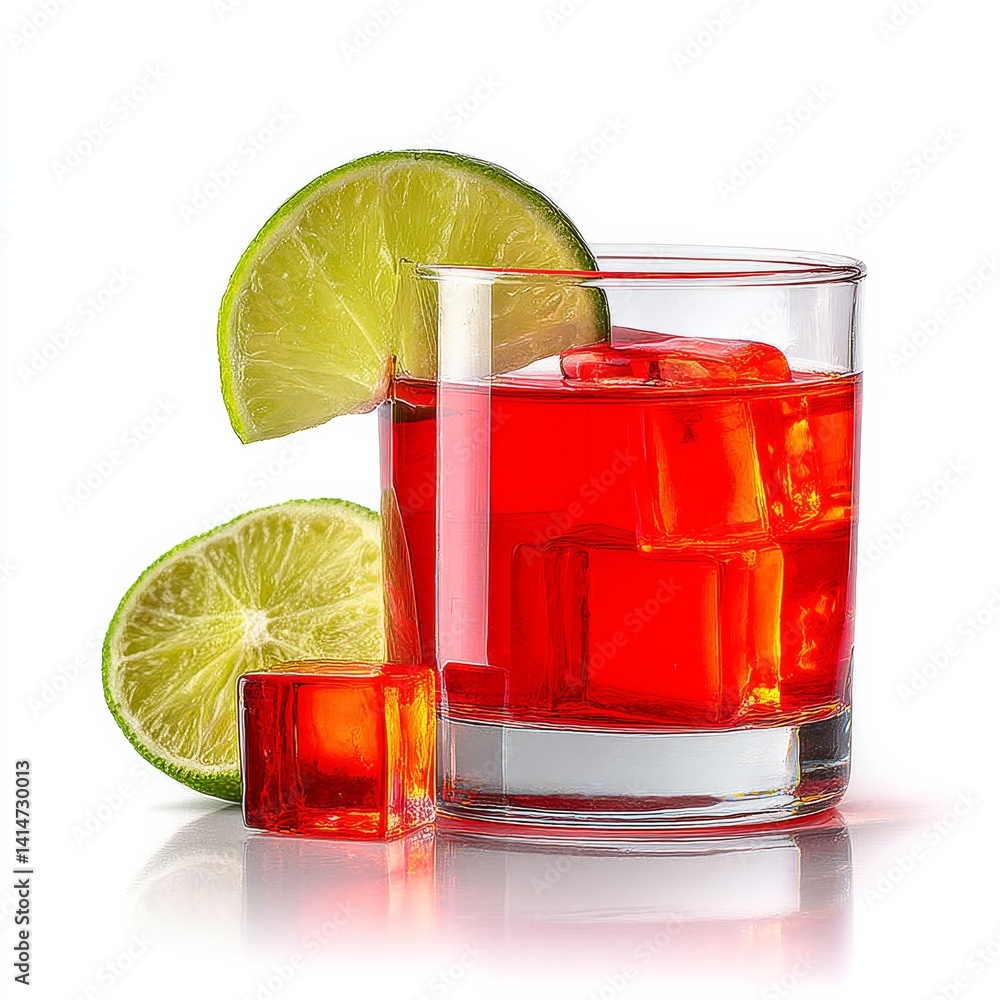 Aufkleber red cocktail with ice cubes and lime wedge on a white background showcasing refreshment and deliciou
