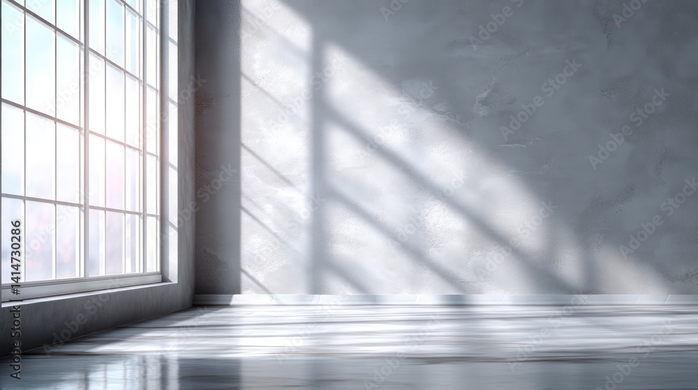 Poster light streaming through large window into modern empty room interior