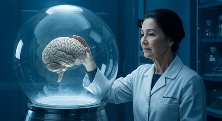A scientist examines a brain inside a glass sphere in a futuristic laboratory setting with blue tones