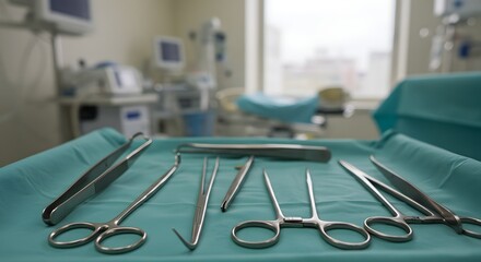 Surgical instruments laid out on a sterile green cloth in an operating room ready for a procedure