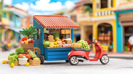 Naklejka premium Vibrant street food market city center miniature scene daylight close-up hyperrealistic display