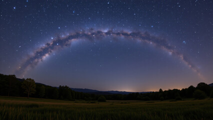 A luminous arc of densely packed stars dominates the horizon, its light subtly changing the colors of the surrounding environment on a quiet summer night.