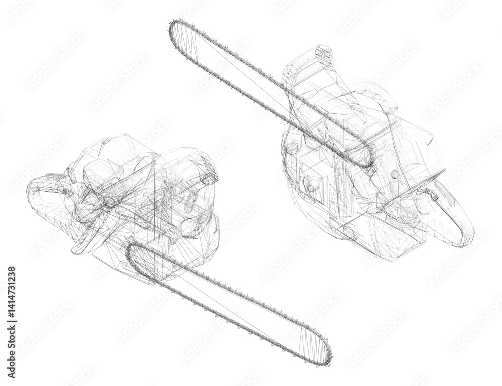 Poster two drawings of a chainsaw with a chain. the chainsaw is shown in two different positions. isometric