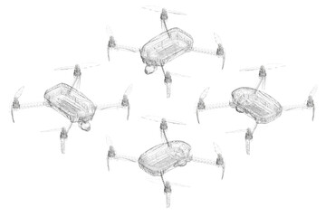 Four drones are flying in formation. The drones are all the same color and are positioned in a line