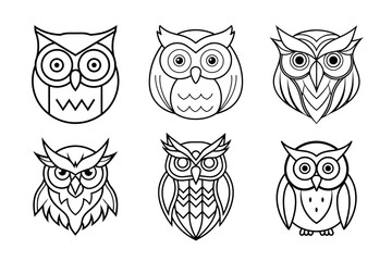 Owl Face Liner Icon Set. Animal Head Logo Vector Illustration Isolated on a White Background