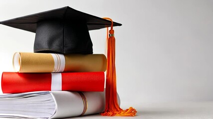 Graduation cap resting on stacked books with a neutral background, symbolizing academic achievement