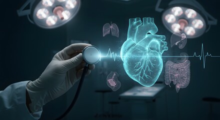 Doctor examining holographic heart with stethoscope in operating room under bright surgical lights