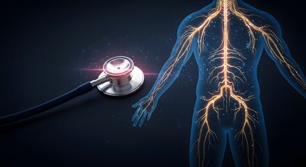 Medical illustration of human nervous system with stethoscope on a dark background scene