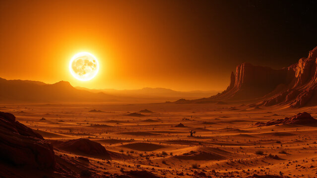 The first rays of the star strike a tidally locked planet, its surface perpetually facing the sun. The light intensifies rapidly, revealing a desert landscape of vast dunes and wind carved formations