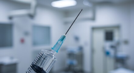 Close up of a syringe with a needle in a medical setting with blurred background in soft lighting