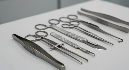 A collection of surgical instruments neatly arranged on a white surface in a sterile environment