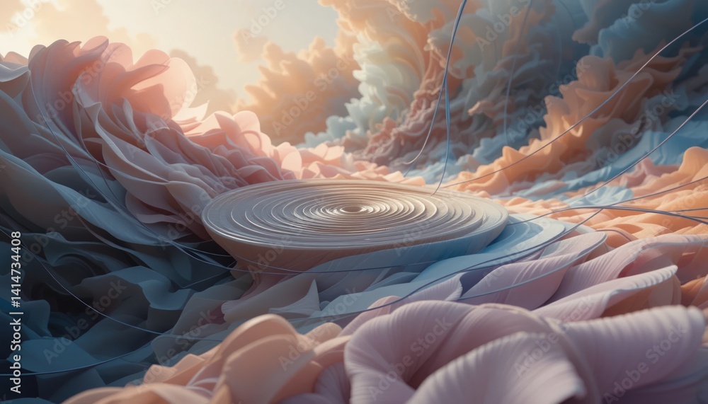Aufkleber dynamic swirling fabric patterns abstract landscape 3d render soft pastel colors serene atmosphere c
