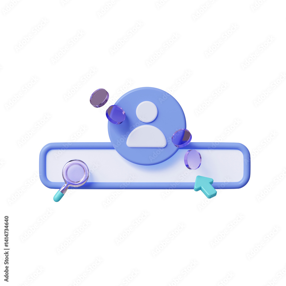 Poster 3d search bar with user profile icon and coins. client access, registration and account login concep
