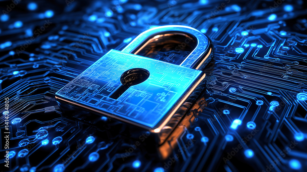 Poster cybersecurity theme with a lock icon and cyber shield in a digital background representing internet 