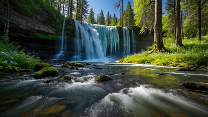 Obraz premium Cascading Waterfall Flowing Through Lush Green Forest Scenic Landscape
