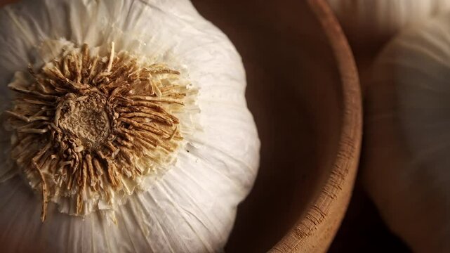Garlic bulb in a wooden bowl close up backdrop stock footage