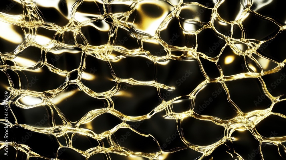 Poster abstract golden network on dark background with liquid texture and reflective surface for luxury des