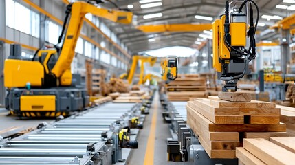 Automated Wood Processing in Modern Factory Robotic Arms Handling Lumber on Conveyor Belt