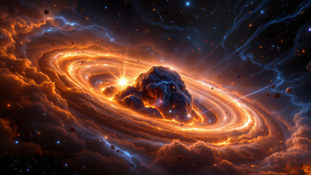 A striking image featuring a cluster of newly formed stars, blazing with intense white light, surrounded by swirling clouds of vibrant gas