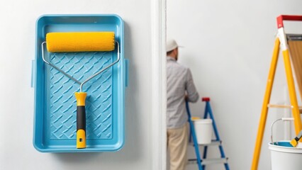 Paint tools and a person painting a wall with a roller and ladder. home renovation DIY painting concept
