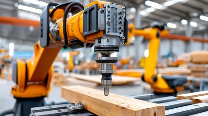 Fototapeta premium Industrial Robot Arm Precisely Drilling Wood in Automated Factory Setting