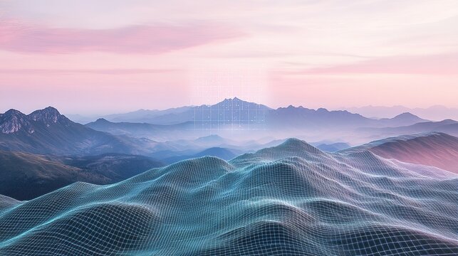 Digital grid covering mountain range at sunset: exploring virtual landscapes. Ai generative