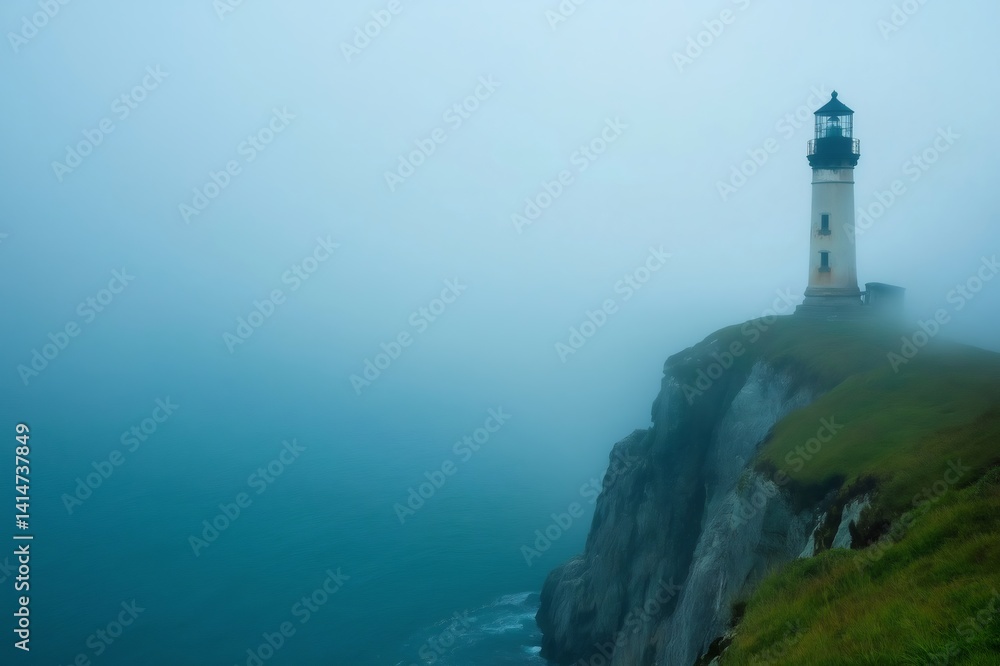 Poster solitary lighthouse stands on a foggy cliff overlooking a misty ocean, creating a serene and atmosph