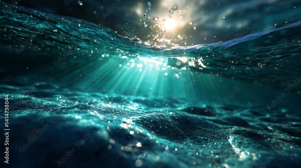 Poster sunlight streaming through ocean water with waves and sparkling reflections