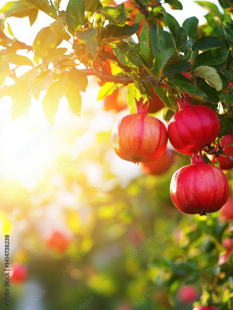 Poster sunlit pomegranate tree branch laden with ripe fruits in a vibrant garden setting creating a warm an