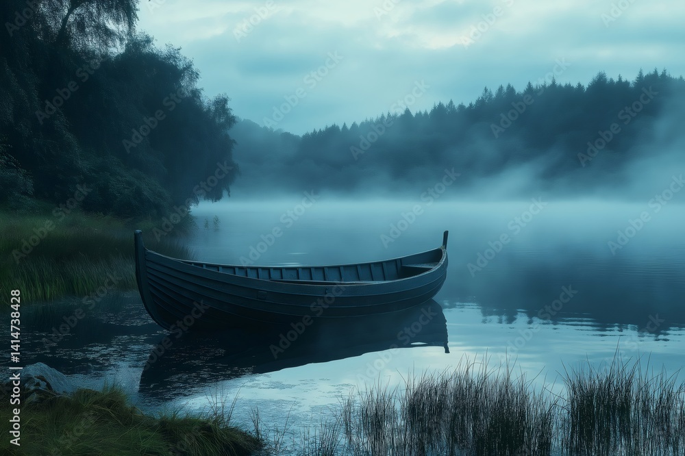 Poster wooden rowboat floating gently on a misty lake at dawn, creating a tranquil and evocative atmosphere