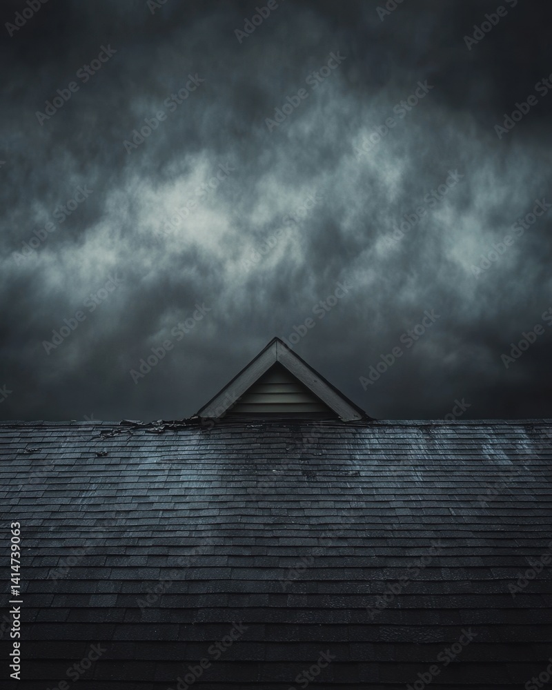 Poster moody rooftop scene with dramatic dark clouds creating a sense of foreboding and atmospheric tension