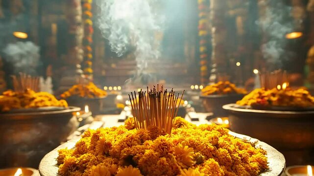 Incense burning with flowers in hindu temple
