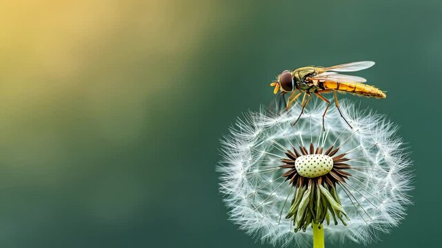 Close up of fly and hoverfly on dandelion seed head, capturing intricate macro details in nature against soft green background.